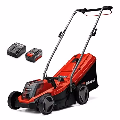 Einhell Power X-Change 18V Cordless Lawnmower with Rechargeable Battery and Quick Charger, Red – 1