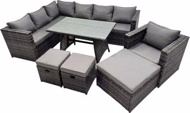 Fimous 10-Seater Outdoor PE Rattan Sofa Set with Dining Table and 3 Stools in Dark Grey Mixed