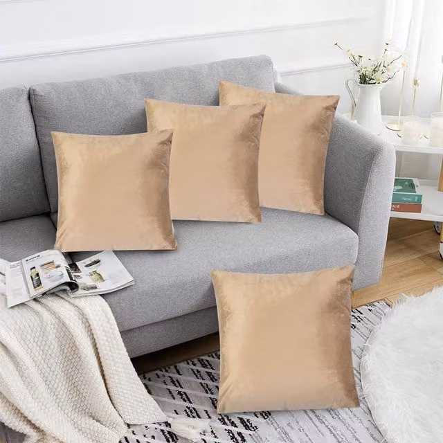 Luxury Living Set of 4 Velvet Square Cushions in Beige, 45 x 45 cm