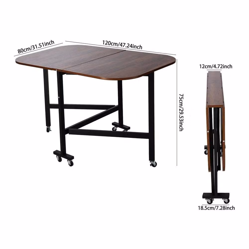 KORVIXA Brown Wood Mobile Drop-Leaf Folding Dining Table with Castors, W/D/H: 100 x 100 x 100 cm – 2