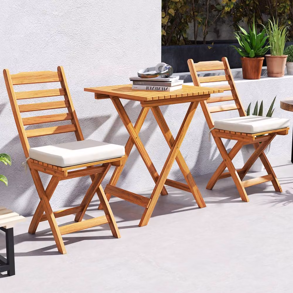 Costway Acacia Wood Folding Bistro Set with Cushions in Natural Brown – 3