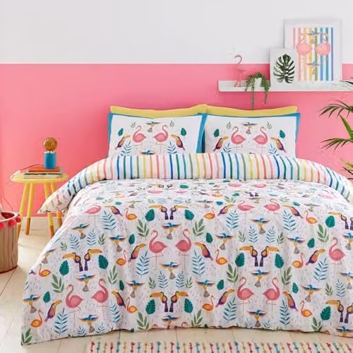 Fusion Tropical Flamingo Reversible Duvet Cover and Pillowcase Set, Pink and Multicolour, W: 230 cm, H: 220 cm