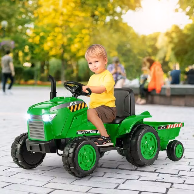 Costway Kids Electric Ride on Toy Tractor in Green with Light and Sound and Rechargeable Battery