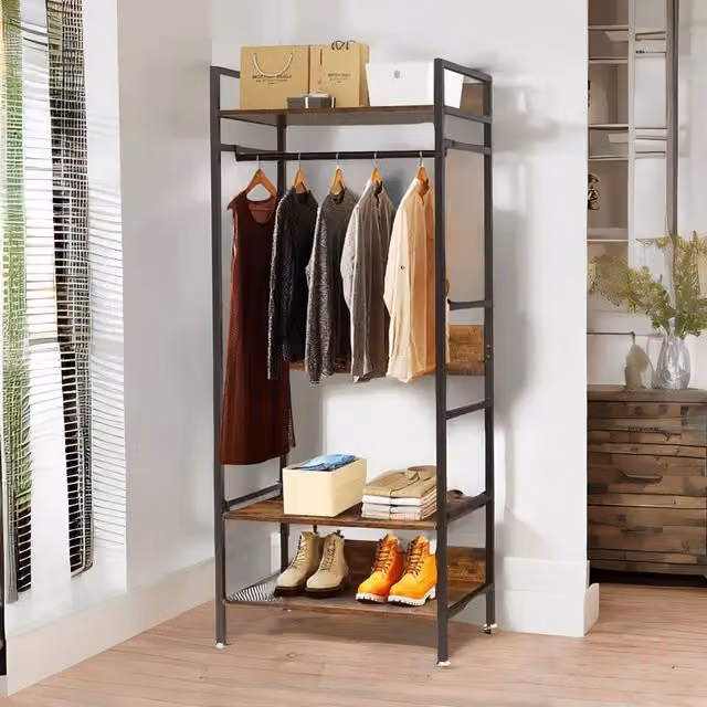 Pirlo Plush Industrial Rustic Open Wardrobe Garment Rail with Storage Shelves in Brown – 1