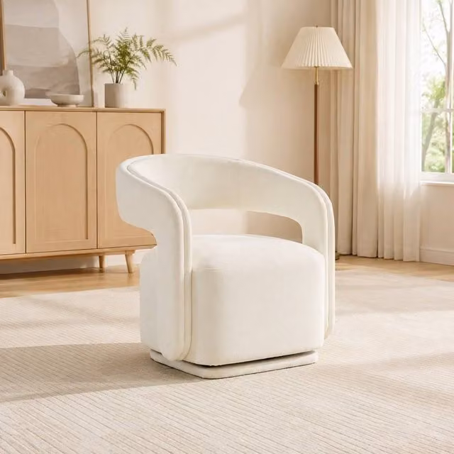 STILVORA White Chenille Tub Armchair with 360 Degree Swivel Base and Solid Wood Frame