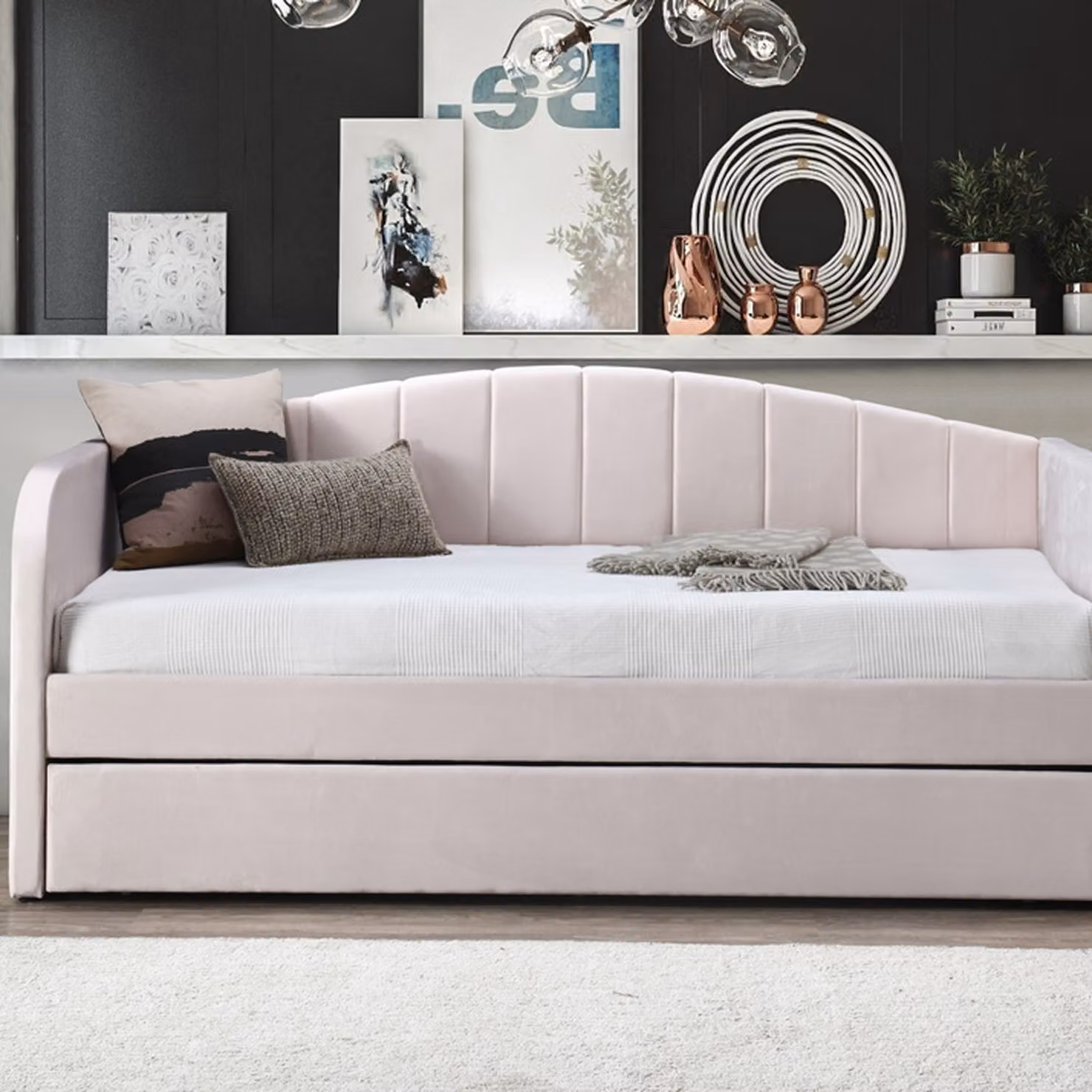 Flintshire Furniture Modern Pink Velvet Upholstered Fabric Day Bed with Drawers, W/D/H: 90 x 190 cm – 2