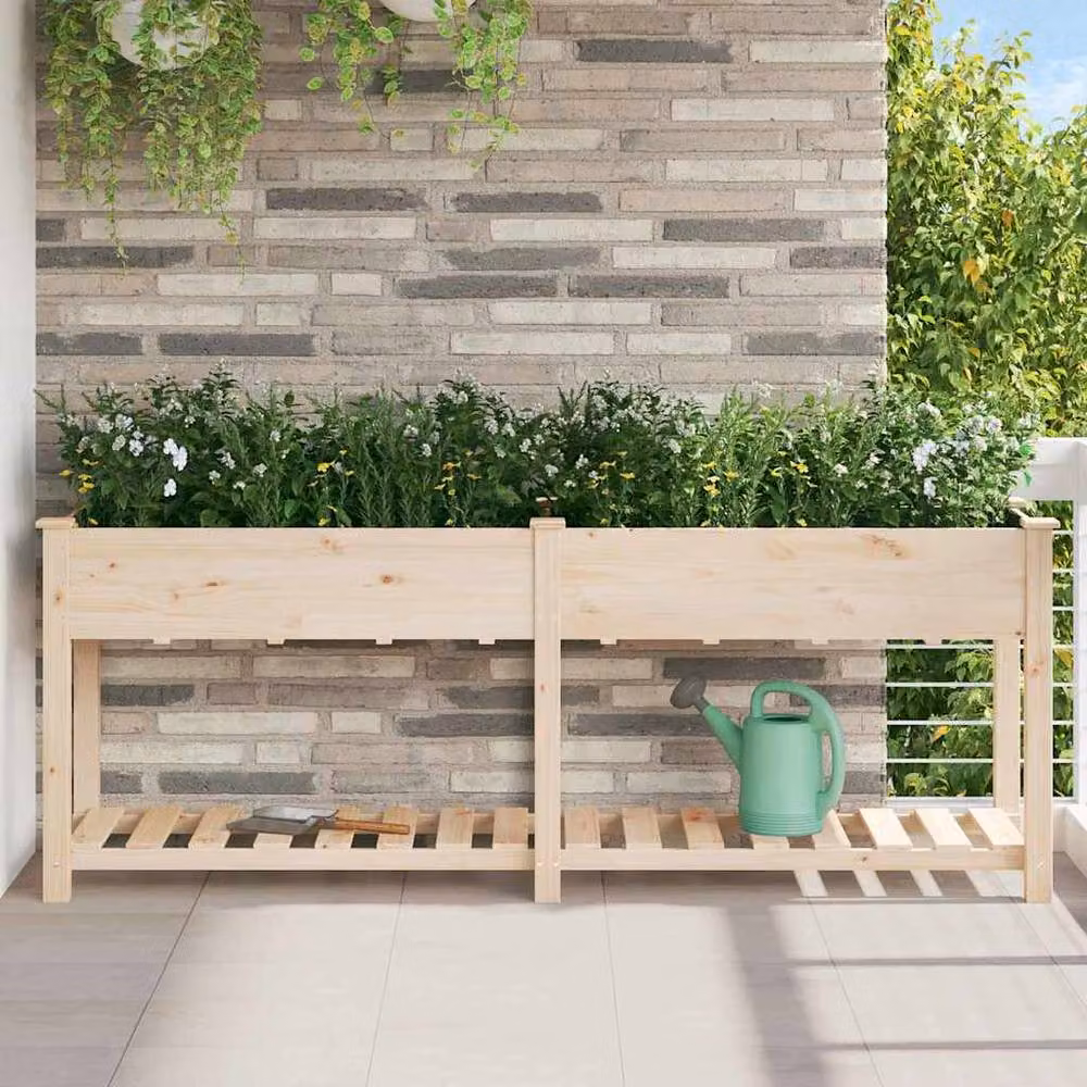 Berkfield Home Rustic Solid Wood Fir Garden Planter with Shelf, Beige, W/D/H: 203 x 53 x 76 cm – 2
