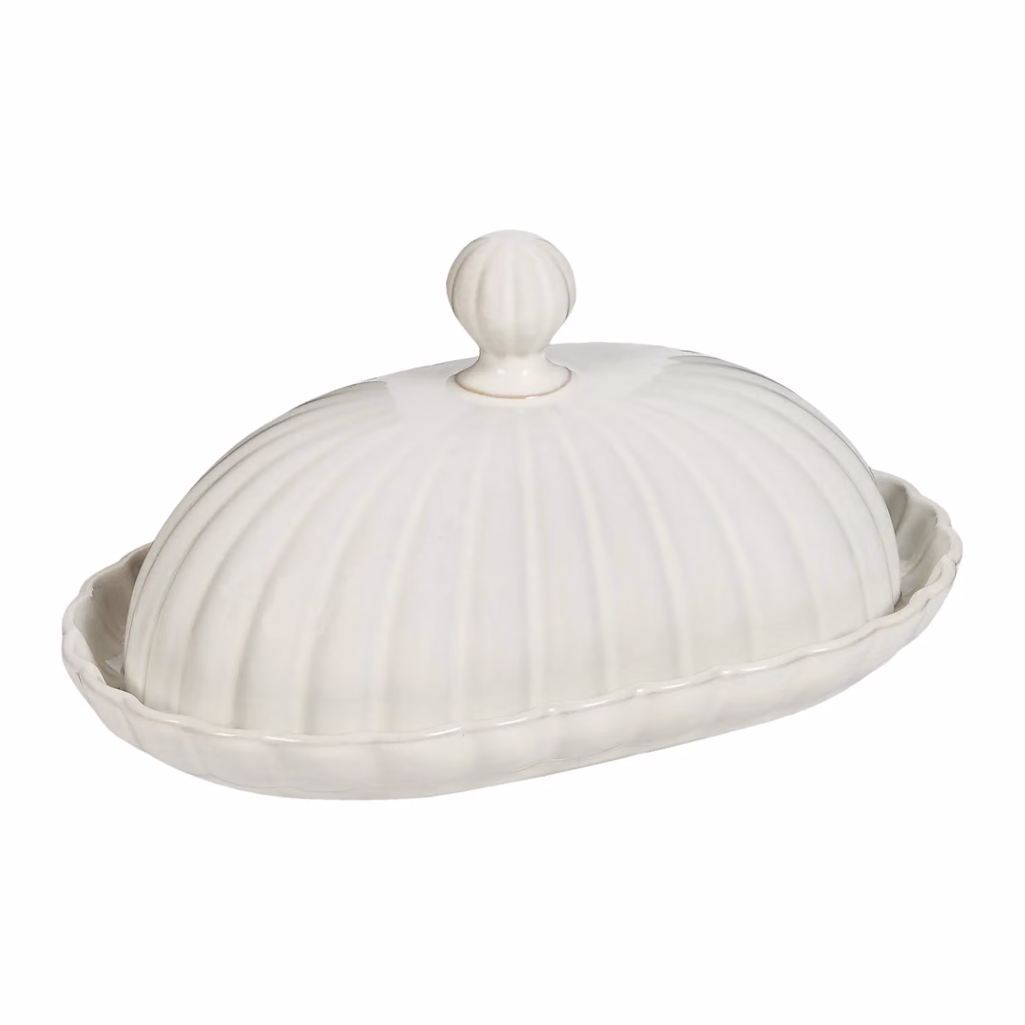 Dibor Traditional White Scalloped Ceramic Kitchen Butter Dish with Serving Tray – 2