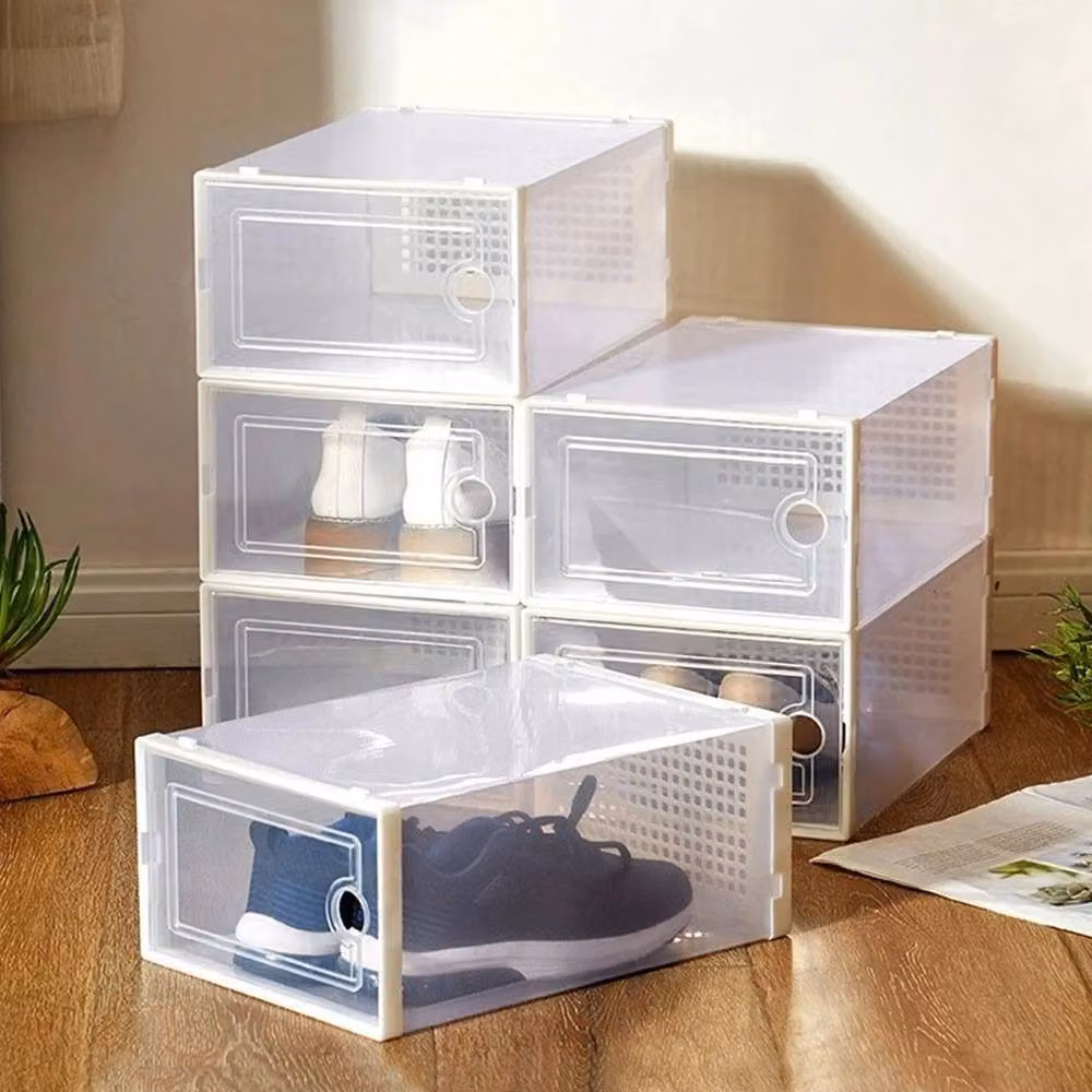 FORGEVIO Foldable Shoe Storage Boxes with Double Frame, White and Transparent Space Saving Rack – 2