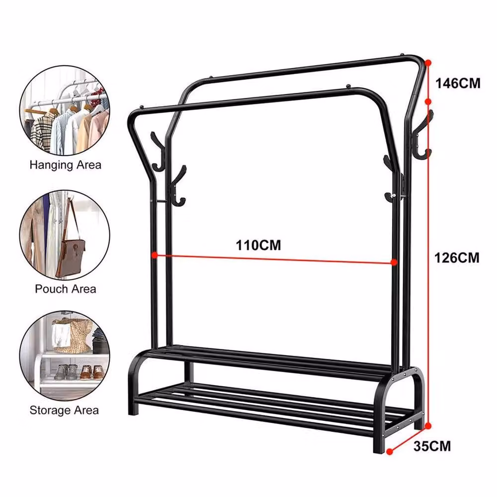 PAWNORA Heavy Duty Double Clothes Rail in Matt Black Metal – 2