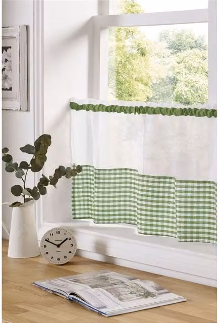 Alan Symonds Green and White Gingham Checked Kitchen Voile Fabric Panel, Width: 61 cm