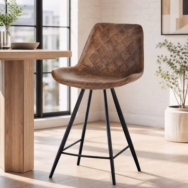 STILVORA Set of 2 Vintage Brown Synthetic Leather Bar Stools with Metal Frame