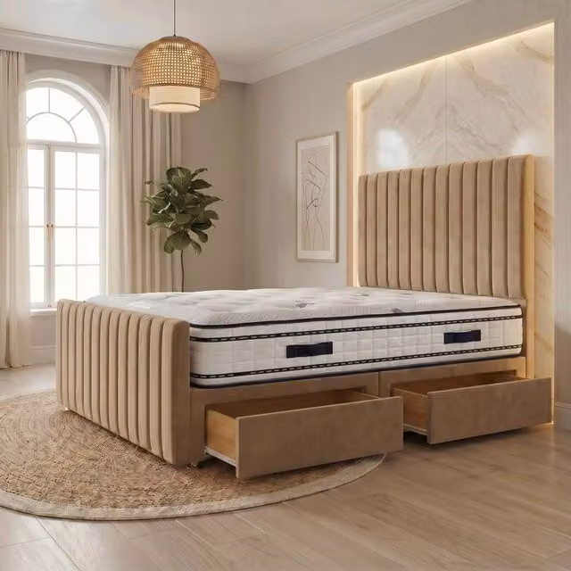 Somnior Eleanor Hybrid Velvet Divan Bed with 2 Drawers and Headboard and Footboard, Beige, W/D/H: 90 x 190 cm