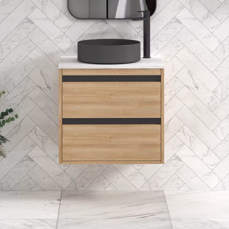 Royal Bathrooms Orion 600mm Natural Oak Wall Hung Vanity Unit with 2 Drawers, Art Round Basin and Black Accent Trim