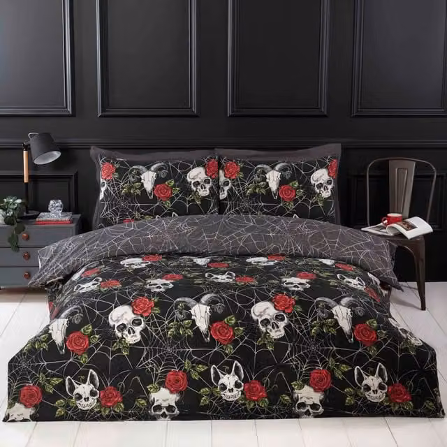 Rapport Home Reversible Skulls and Roses Microfibre Duvet Cover Set, Multicolour and Black, 90 x 200 cm