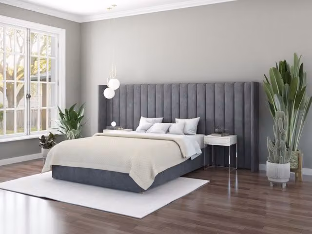 Aspire Grandeur Oversize Freestanding Wing Headboard in Grey Upholstered Fabric