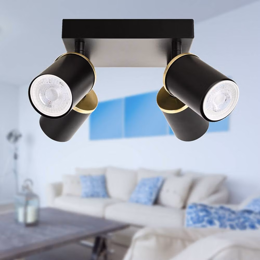 First Choice Lighting Larbert Black and Gold 4 Way Adjustable LED Spotlight Fitting – 4