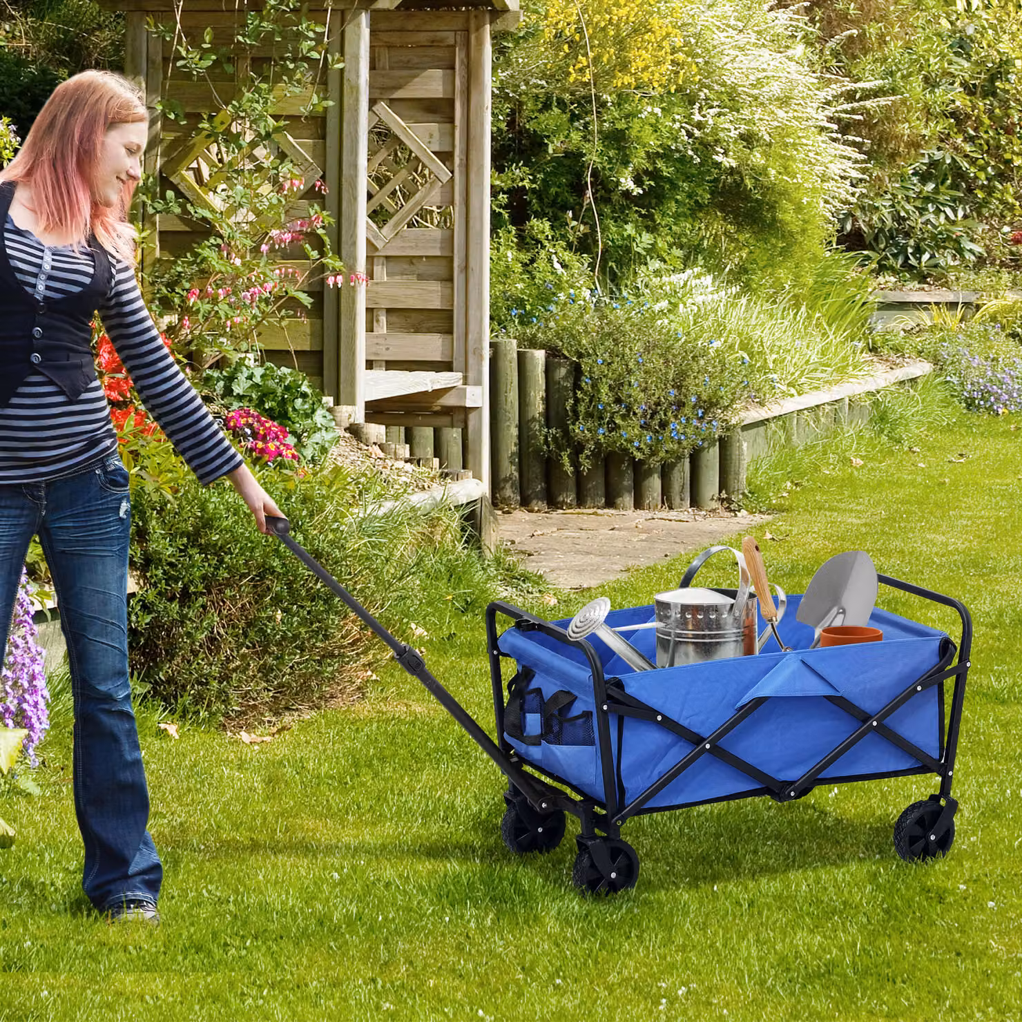 Outsunny 62L Festival Trolley on Wheels, Heavy Duty Collapsible Garden Folding Wagon with Adjustable Handle and Carrying Bag, Blue – 2