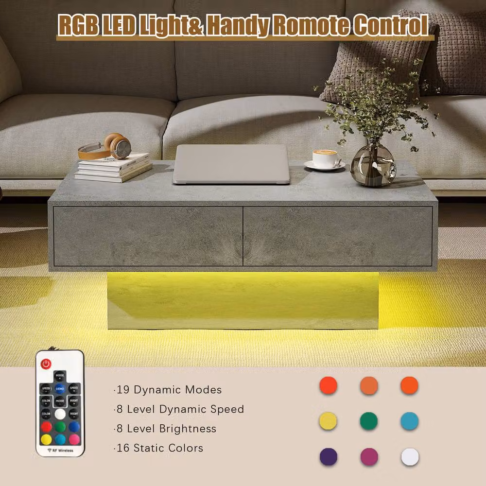 KEEPREAPER Modern Grey LED Coffee Table with 2-Tier Storage, W/D/H: 108 x 55 x 40 cm – 7