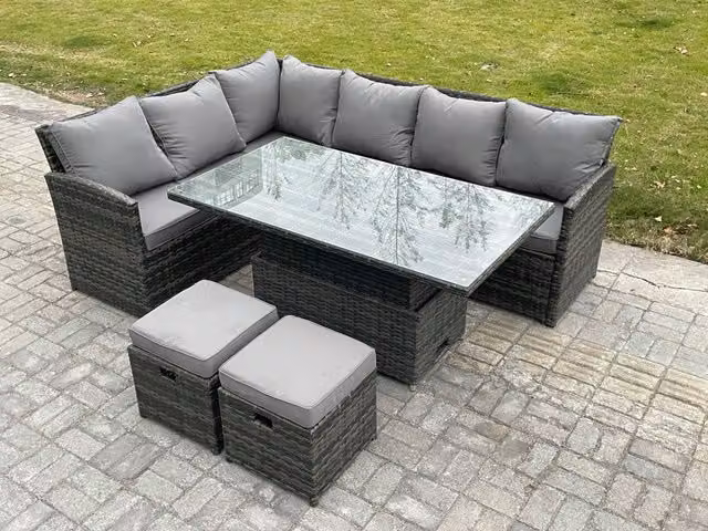 Fimous Dark Grey Wicker PE Rattan Garden Furniture Set with Height Adjustable Rising Lifting Table and 2 Small Footstools