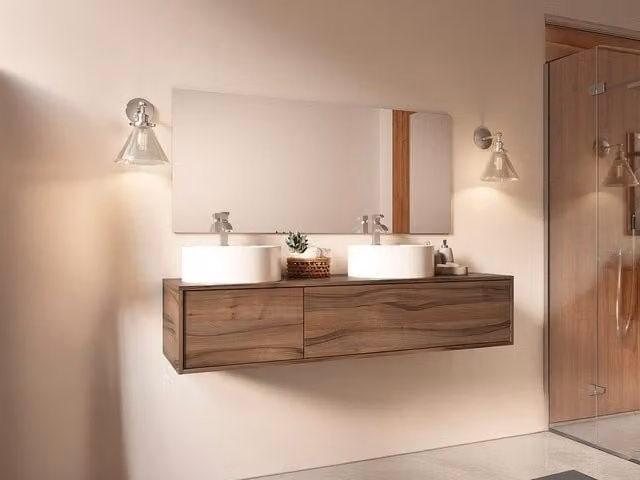 Vente-unique Suspended Double Bathroom Vanity Unit in Walnut with Dark Natural Finish, W/D/H: 150 x 47 x 32 cm – 1