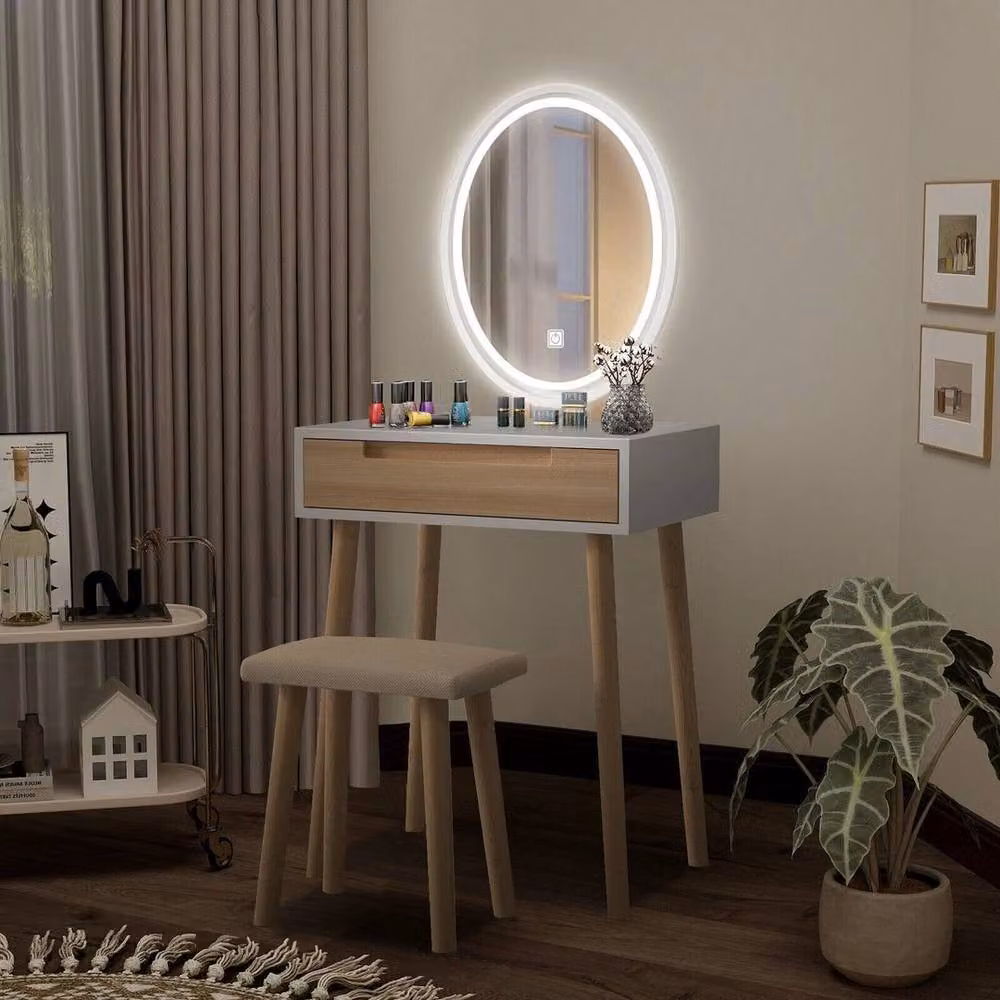 FORGEVIO White Modern Dressing Table Vanity Set with Hollywood LED Mirror and Upholstered Frame – 3