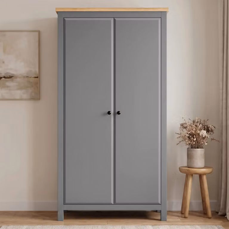 DHS Grey Oak Modern 2 Door Double Wardrobe with Soft Close Doors, Internal Shelves and Hanging Rod, H 186 x W 98 x D 56 cm
