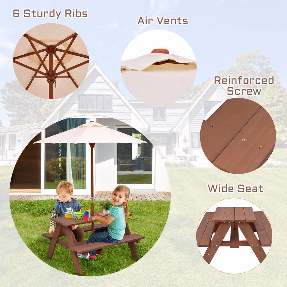 Gymax Brown Treated Hardwood Outdoor Picnic Table with Removable Umbrella for Garden and Children – 5