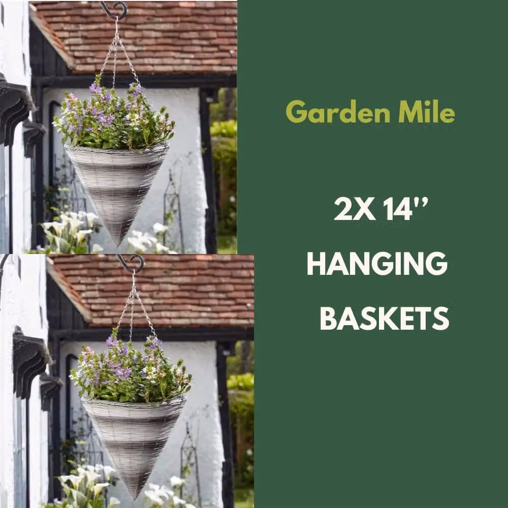 Marco Paul Grey Rattan Effect Hanging Flower Basket Planter, Diameter: 35.56 cm – 4