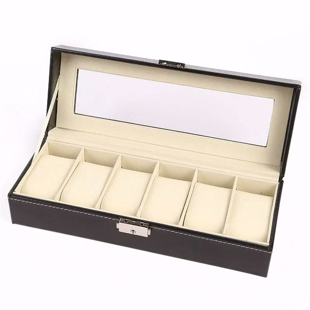 Nordara 6 Slot Watch Storage Box and Jewelry Organiser in Black with Leather and Glass Finish – 3