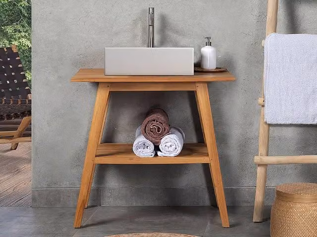 BOBOTSARI Teak Vanity Unit in Light Oak, W: 80 cm, D: 55 cm, H: 76 cm