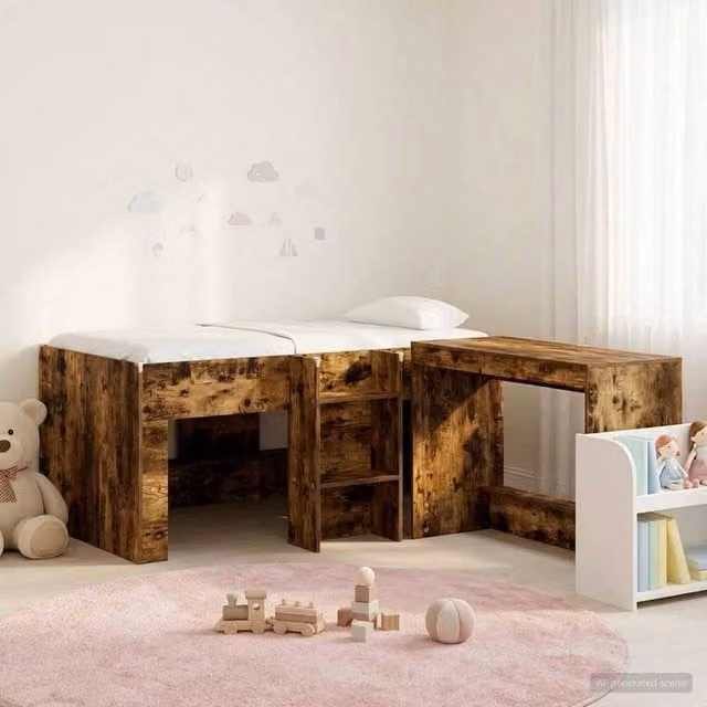 Berkfield Home Kids High Bed Frame with Desk and Stairs in Smoked Oak Brown Engineered Wood