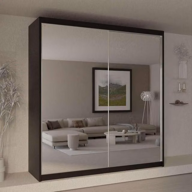Sliding Wardrobes 4U Jacklin Double Full Mirror Sliding Door Wardrobe in Black, W: 200 cm, H: 217 cm