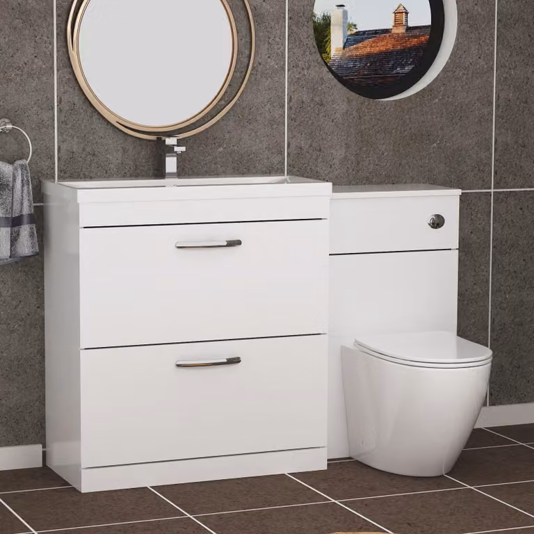 Royal Bathrooms Gloss White 1300mm 2 Drawer Furniture Pack with Mid Edge Basin and Slim Elva Back to Wall Toilet