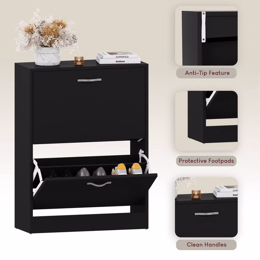 HD Designs Vida Designs Modern Black 2 Drawer Shoe Cabinet with Tilting Compartments – 3