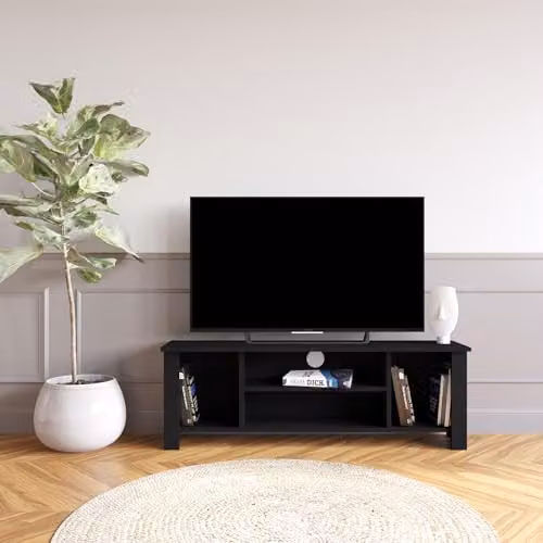 Bimossa Modern Black Wooden TV Stand with Open Storage Shelves, W: 114 cm, D: 30 cm, H: 45 cm – 2