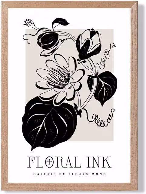 ARTZE Tropical Flowers Black and Beige Floral Ink Sketch Framed Print with Oak Frame, A2 – 1