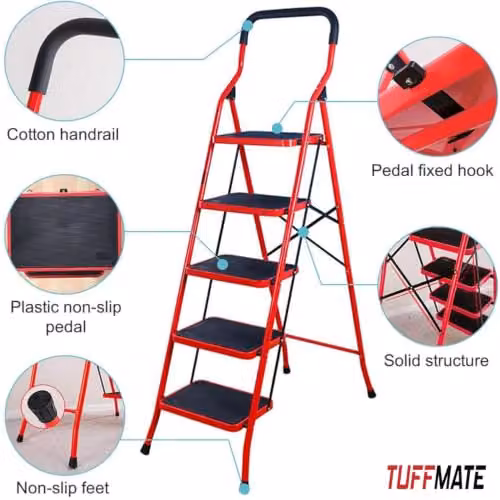 TUFFMATE 5 Step Folding Steel Step Ladder with Handrail and Non-Slip Treads, Red – 2