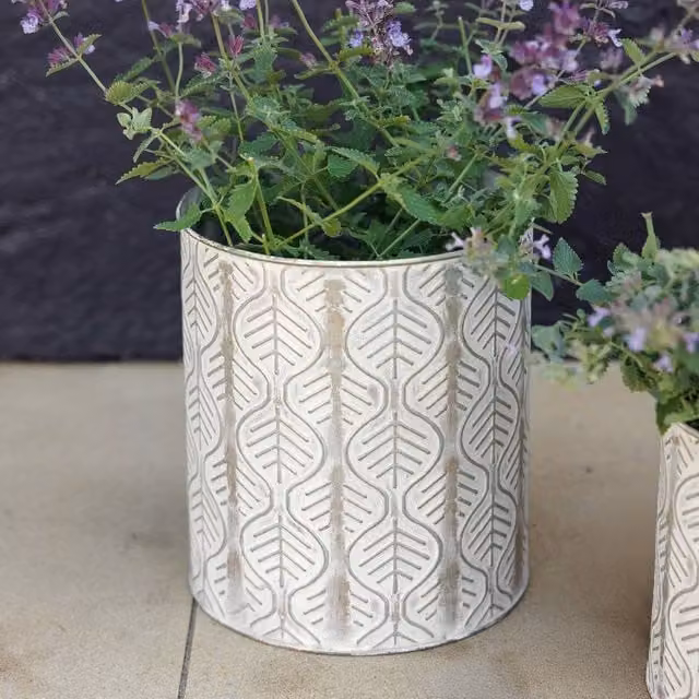 Primrose Set of 2 Metal Leaf Design Round Cylinder Decorative Tabletop Planters in Beige and White