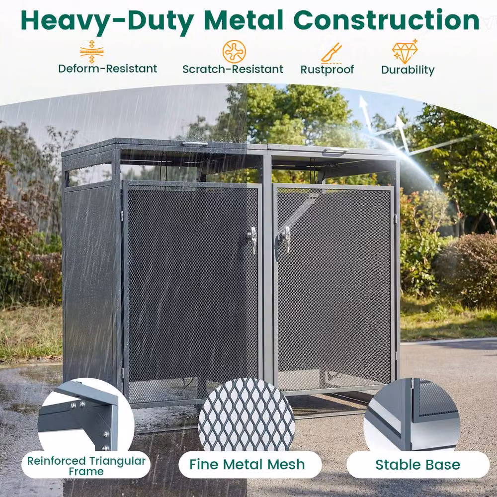 Costway Metal Trash Can Storage Shed for 2 Bins in Grey – 6