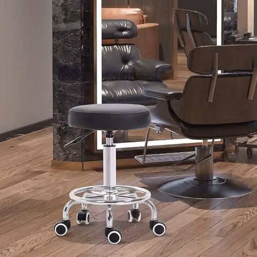 Vinsetto Round PU Leather Adjustable Height Salon Stool with Castors, Black – 2