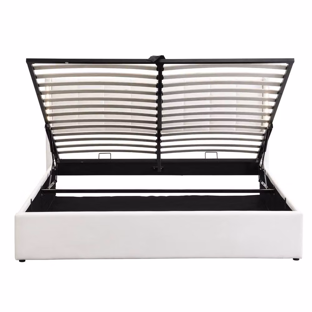 BTM White Upholstered PU Leather Hydraulic King Size Bed with LED Lighting and USB Charging Port, W/D/H: 180 x 200 cm – 7