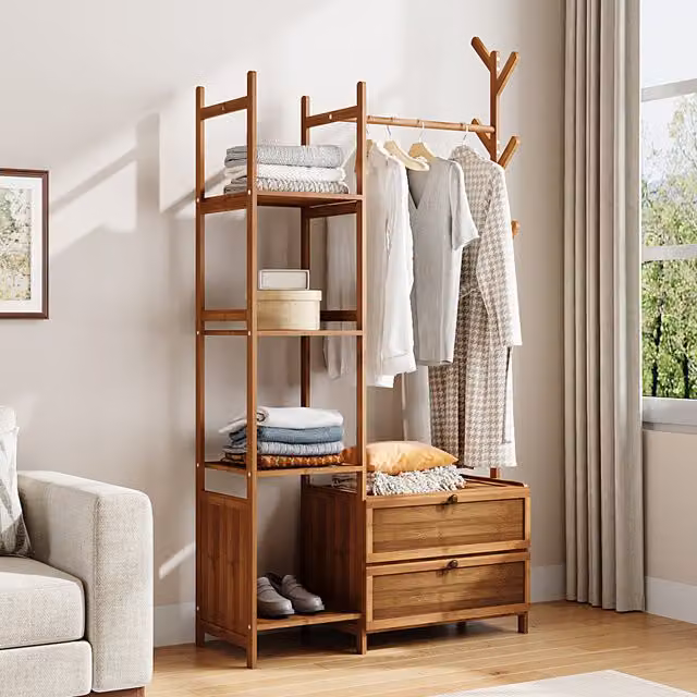 Livingandhome Minimalist Wooden Hall Tree with Bench and Dual Hook and Rail Matrix in Brown