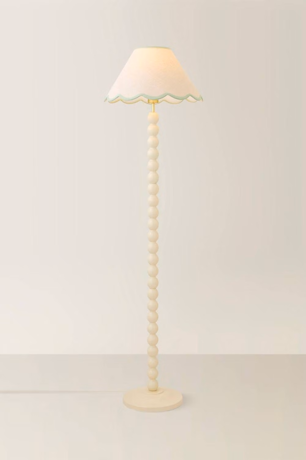 ValueLights Bobbin Floor Lamp with Pale Green Fabric Bobble Trim Linen Shade – 2