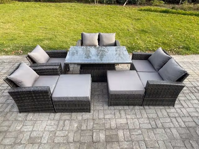 Fimous 8 Seater Wicker Rattan Garden Furniture Set with Height Adjustable Table, 2 Double Seat Sofa Armchairs and 2 Large Footstools in Dark Grey Mixed