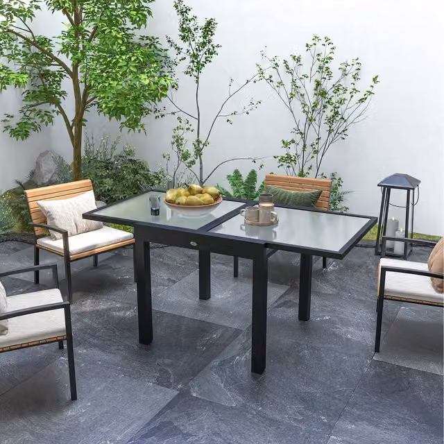 Outsunny Extendable Rectangular Garden Dining Table with Aluminium Frame and Glass Top, Black and Transparent