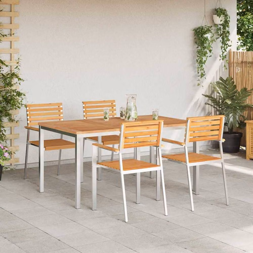 Berkfield Home 5 Piece Solid Wood Teak Garden Dining Set in Brown – 3