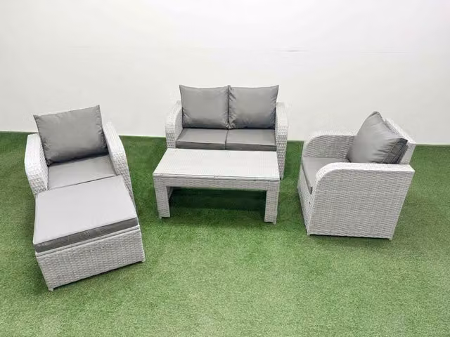 Fimous 5 Seater Grey PE Wicker Rattan Garden Furniture Set with Adjustable Reclining Chairs, Oblong Coffee Table and Ottoman
