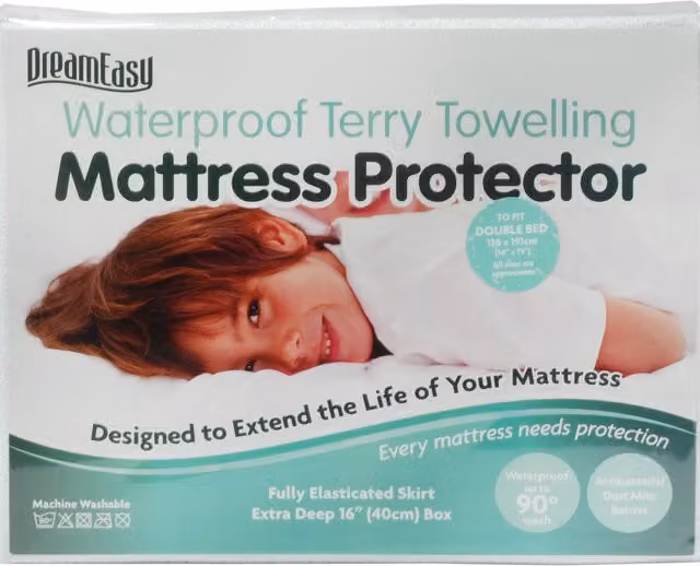 DreamEasy White Terry Waterproof Mattress Protector, Antibacterial and Mite Proof, W/D/H: 120 x 200 cm