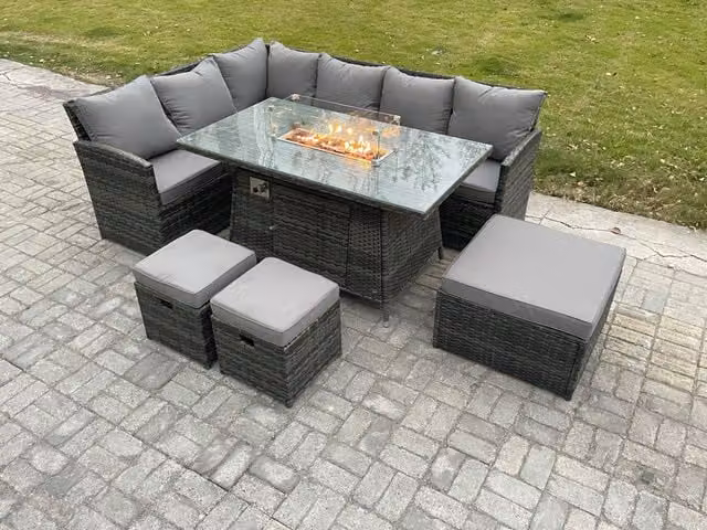 Fimous 9 Seater Rattan Garden Furniture Set with High Back Corner Sofa, Gas Fire Pit Dining Table and 3 Footstools in Dark Grey